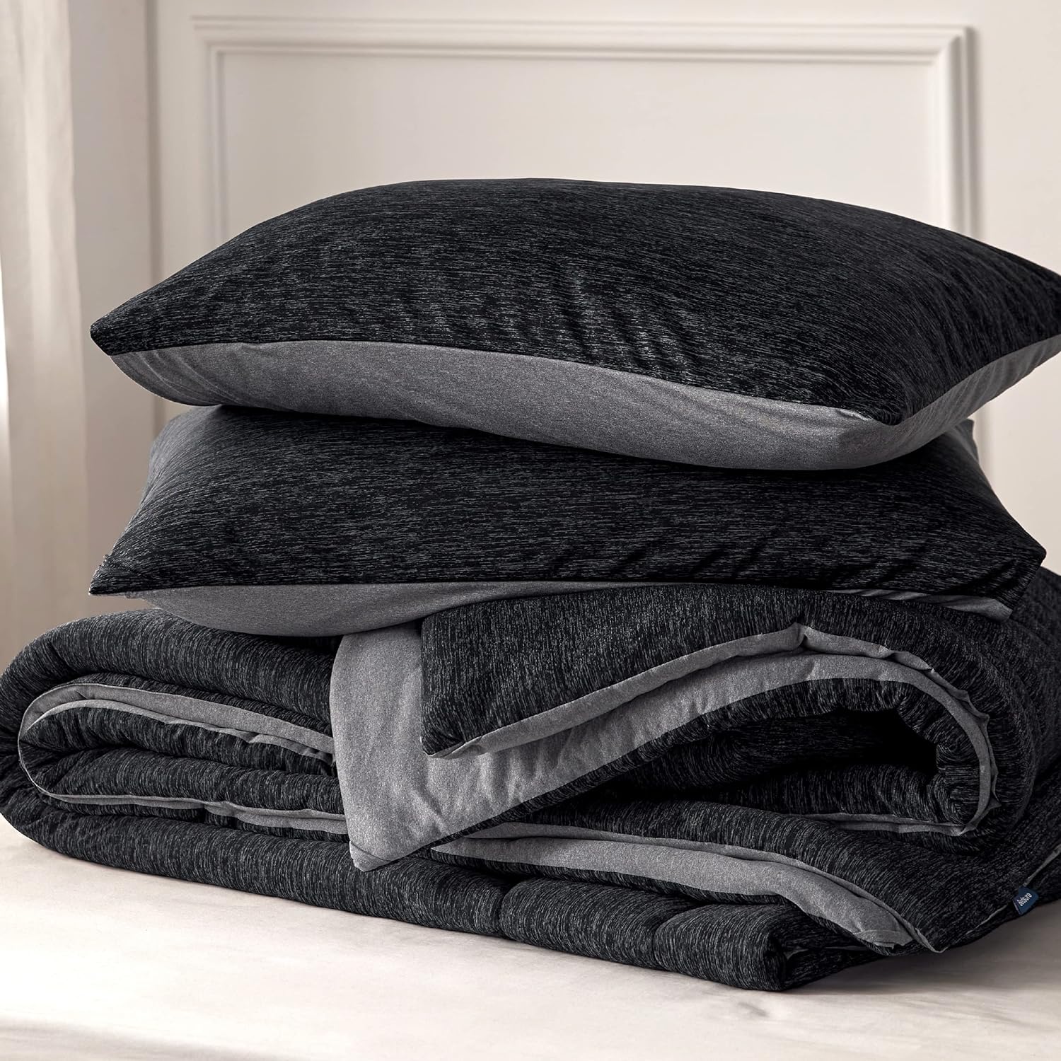 Comforter Set - Cooling and Warm Bed Set, Charcoal Black Reversible For All Season, 3 Pieces, 1 Queen Size Comforter (88"x88") and 2 Pillow Cases (20"x26")